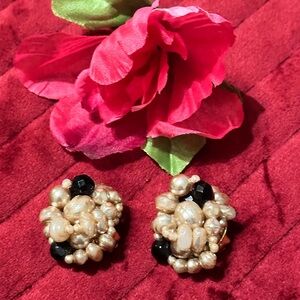 Vintage Cluster Clip on Earrings Faux Pearls and Black Beads